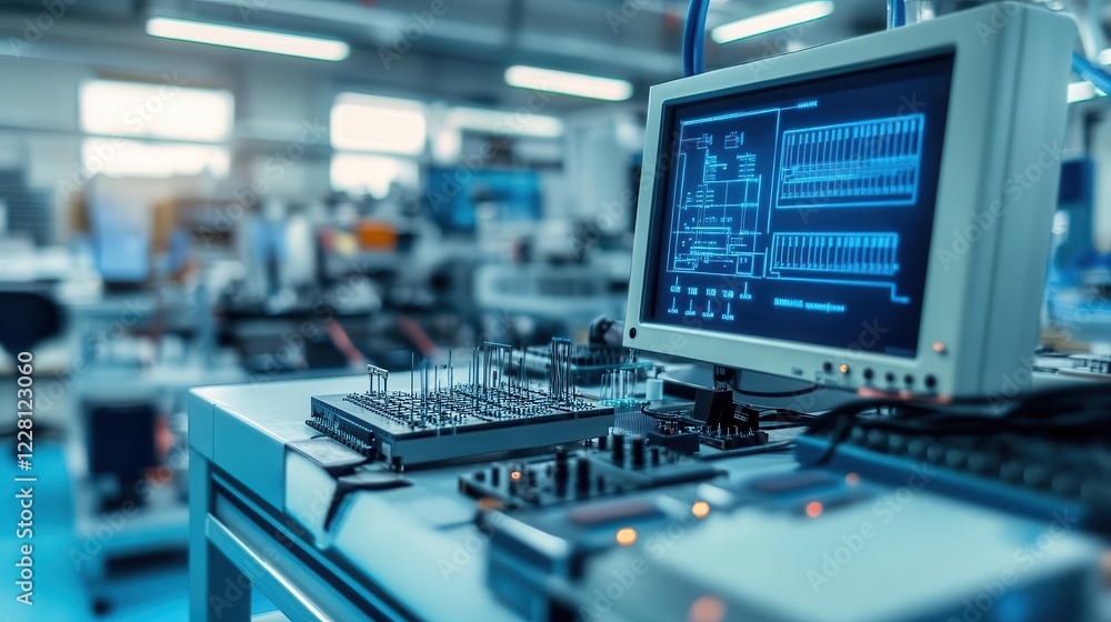professional electronics testing laboratory setup, modern oscilloscopes and measurement devices, blue led displays, technical environment professional electronics testing laboratory setup, modern oscilloscopes and measurement devices, blue led displays, technical environment
