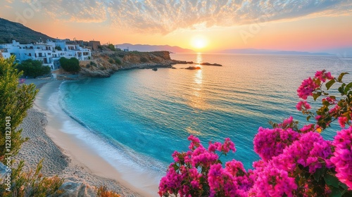 pristine turquoise waters meet white sandy beach  ancient stone buildings cascade down cliffs  bougainvillea blooms frame mediterranean architecture  golden sunset light