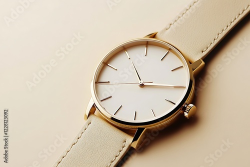 Wallpaper Mural A gold watch with a white face and a beige leather strap on a beige background. Torontodigital.ca
