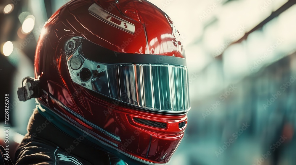 Fototapeta premium race driver in sleek red helmet focusing intensely through visor, cockpit details visible, morning sun creating dramatic reflections on helmet surface