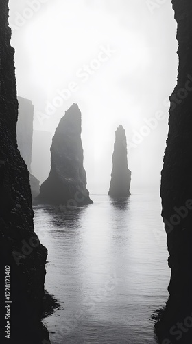 A black and white photograph of multiple large rocks protruding from the water, forming an endless
