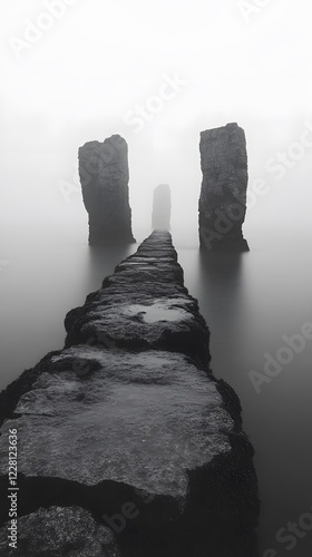 A black and white photograph of multiple large rocks protruding from the water, forming an endless
