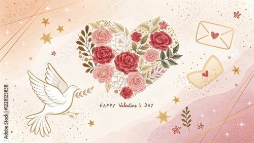 Romantic Floral Heart with Dove and Love Letters – Valentine's Day Illustration