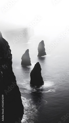 A black and white photograph of multiple large rocks protruding from the water, forming an endless
