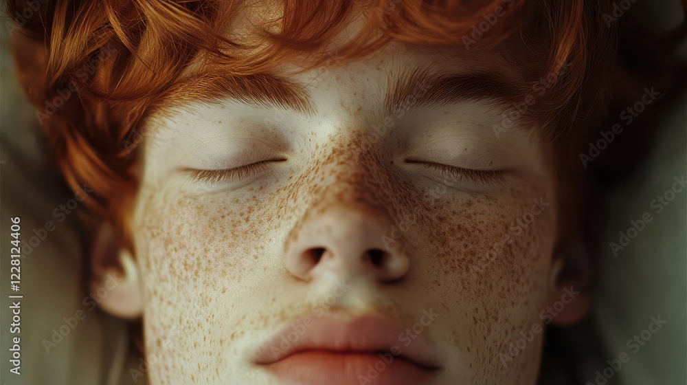 serene portrait of young person with copper-red hair, scattered freckles across bridge of nose, closed eyes, soft natural lighting, dreamy atmosphere serene portrait of young person with copper-red hair, scattered freckles across bridge of nose, closed eyes, soft natural lighting, dreamy atmosphere