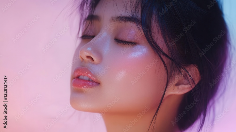 serene portrait of young asian woman with glowing skin, soft side lighting, minimal makeup, dewy complexion, against ethereal pastel background serene portrait of young asian woman with glowing skin, soft side lighting, minimal makeup, dewy complexion, against ethereal pastel background