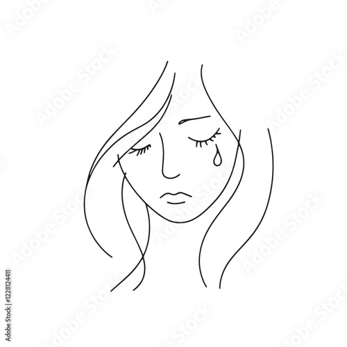 Minimal Handdrawn Single Line Vector Illustration Sad Girl Emotional Tear