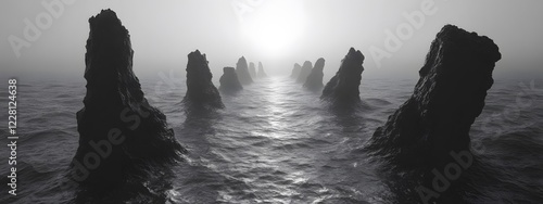 A black and white photograph of multiple large rocks protruding from the water, forming an endless

