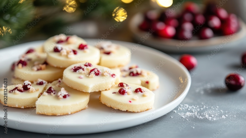 Delicious white chocolate and cranberry cookies resting on a plate
Delicious white chocolate and cranberry cookies resting on a plate