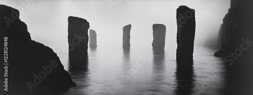 A black and white photograph of multiple large rocks protruding from the water, forming an endless
