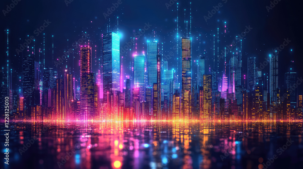 Vibrant digital cityscape with multicolored pixelated lights. Futuristic design, abstract urban theme, high-tech aesthetic. Vibrant digital cityscape with multicolored pixelated lights. Futuristic design, abstract urban theme, high-tech aesthetic.