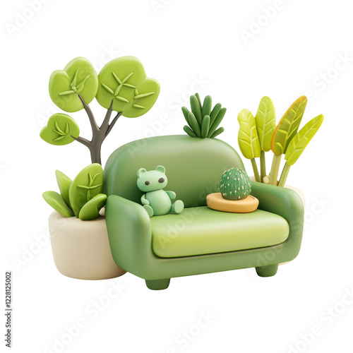Cute Green Sofa with Plants and Toy Bear on Transparent Background