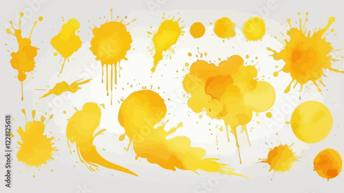 Set of abstract bright yellow watercolor splashes on a white background. Vector watercolor texture in salad color. Ink paint brush stain. The bright yellow dot jumped. Watercolor pastel splash