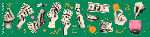 Money halftone art collage cut outs set. Paper clippings, hands holding dollar bills, coins, piggy bank stickers with vintage dotted texture and doodles. Modern retro mixed media vector illustration