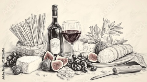 Still life drawing of wine, cheese, fruit and breadsticks with a sepia tone effect