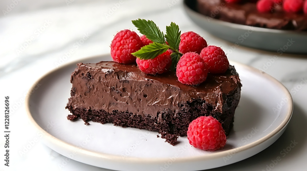 A slice of chocolate cake with raspberries on top. generated using AI A slice of chocolate cake with raspberries on top. generated using AI