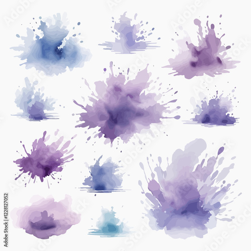 Set of abstract light grayish violet watercolor water splash on a white background. Vector watercolour texture in salad color. Ink paint brush stain. Violet splatters spot. Watercolor pastel splash