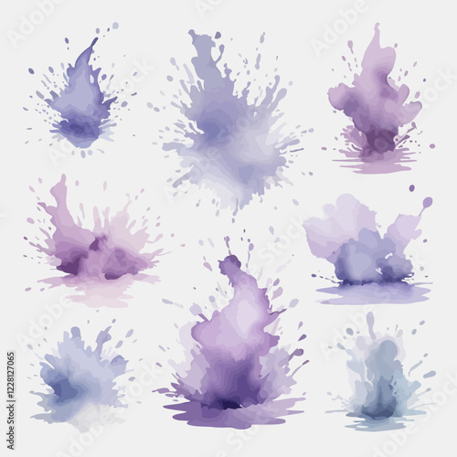 Set of abstract light grayish violet watercolor water splash on a white background. Vector watercolour texture in salad color. Ink paint brush stain. Violet splatters spot. Watercolor pastel splash