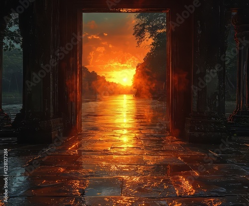 Enchanting sunset view through ancient temple ruins, reflecting golden hues on tranquil water, evoking serenity and adventure in nature. photo