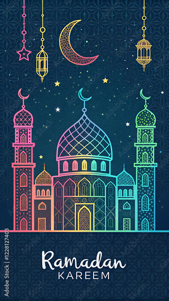 Fototapeta premium eid mubarak greeting card, Ramadan Kareem Celebration with Colorful Mosque Silhouette