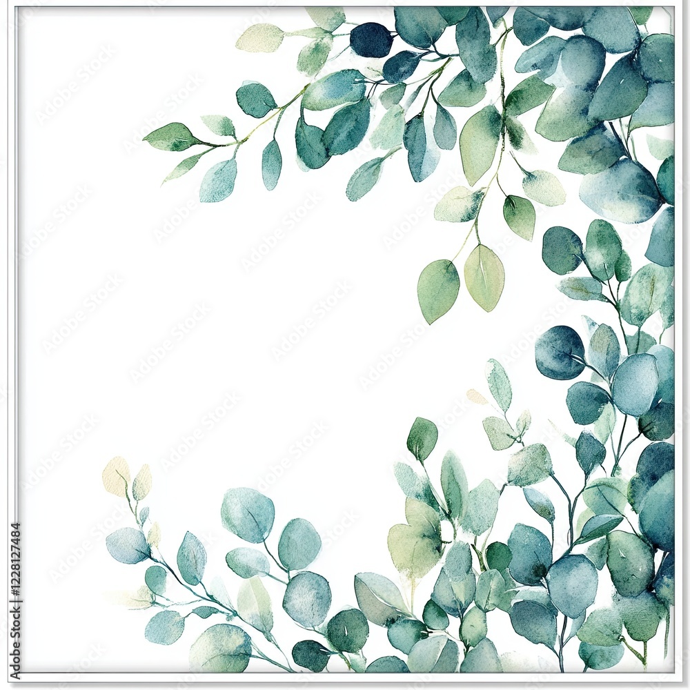 A golden frame of leaves forms a wreath border, featuring a watercolor hand-painted floral geometric background, with isolated leaves, plants, and branches on a white background A golden frame of leaves forms a wreath border, featuring a watercolor hand-painted floral geometric background, with isolated leaves, plants, and branches on a white background