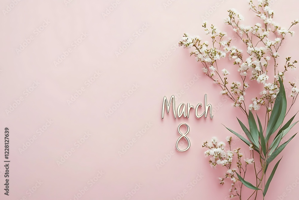 Delicate white flowers on a pink background with March 8 lettering Delicate white flowers on a pink background with March 8 lettering