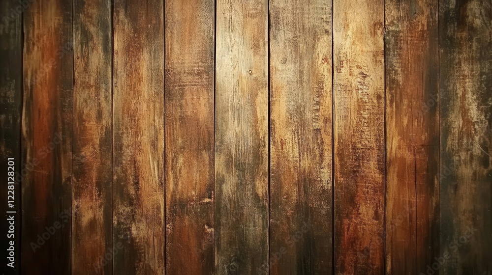 Naklejka premium weathered barnwood wall texture, rich brown patina, deep grain patterns, rustic distressed surface, dramatic side lighting