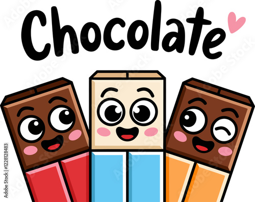 Kawaii vector illustration of Chocolate bars isolated on white background. White, Dark & Milk Choco. Cute funny & happy food characters