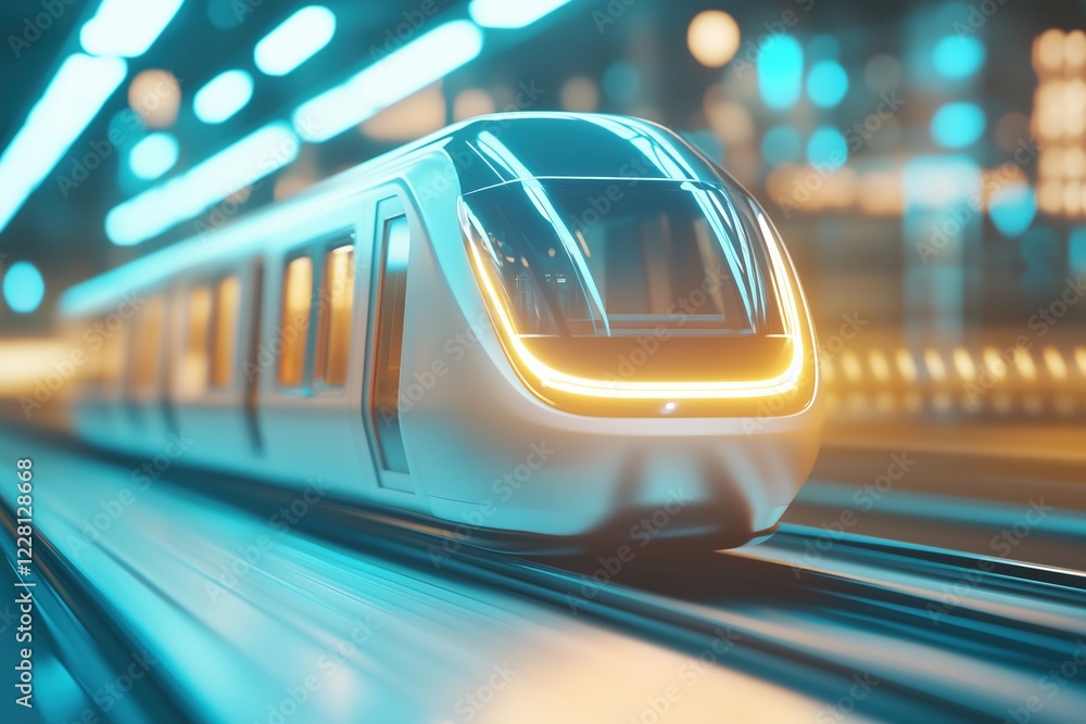 Fototapeta premium Modern high-speed train in a futuristic station illuminated with neon lights. urban transportation and innovation concept.