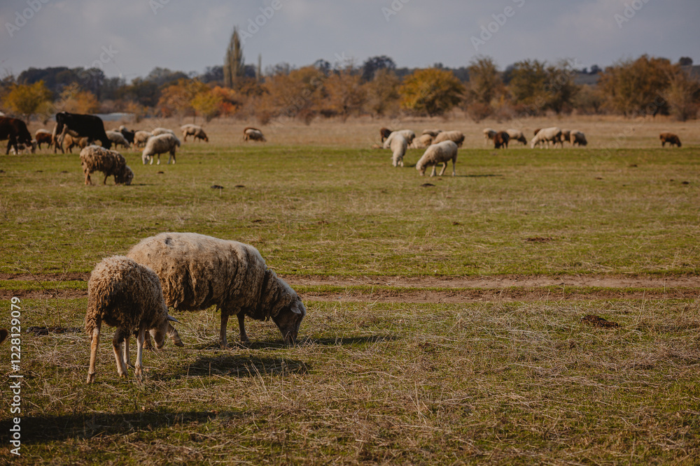 Obraz premium sheep and rams graze in the meadow