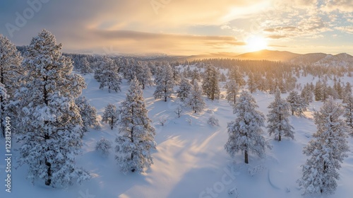 Wallpaper Mural winter wonderland forest panorama, snow-dusted evergreen branches creating natural patterns, crisp morning light Torontodigital.ca