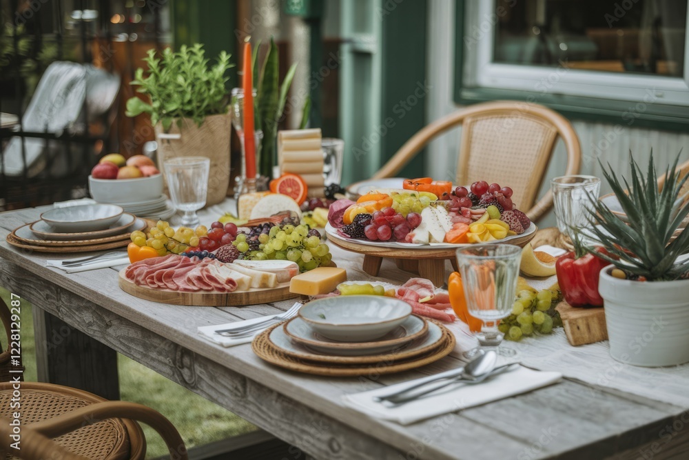 A rustic outdoor table laden with a delicious charcuterie board featuring an array of fresh fruits, cheeses, and cured meats. A rustic outdoor table laden with a delicious charcuterie board featuring an array of fresh fruits, cheeses, and cured meats.