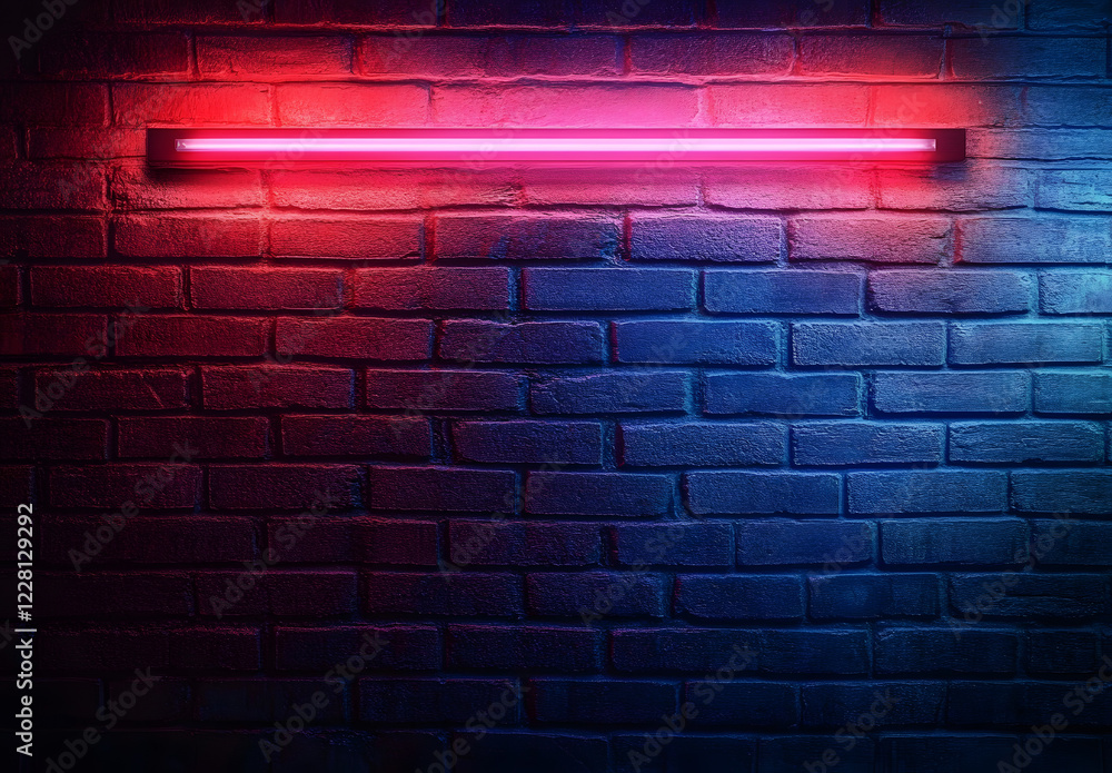 Blue and red neon lights on a brick wall. Blue and red neon lights on a brick wall.