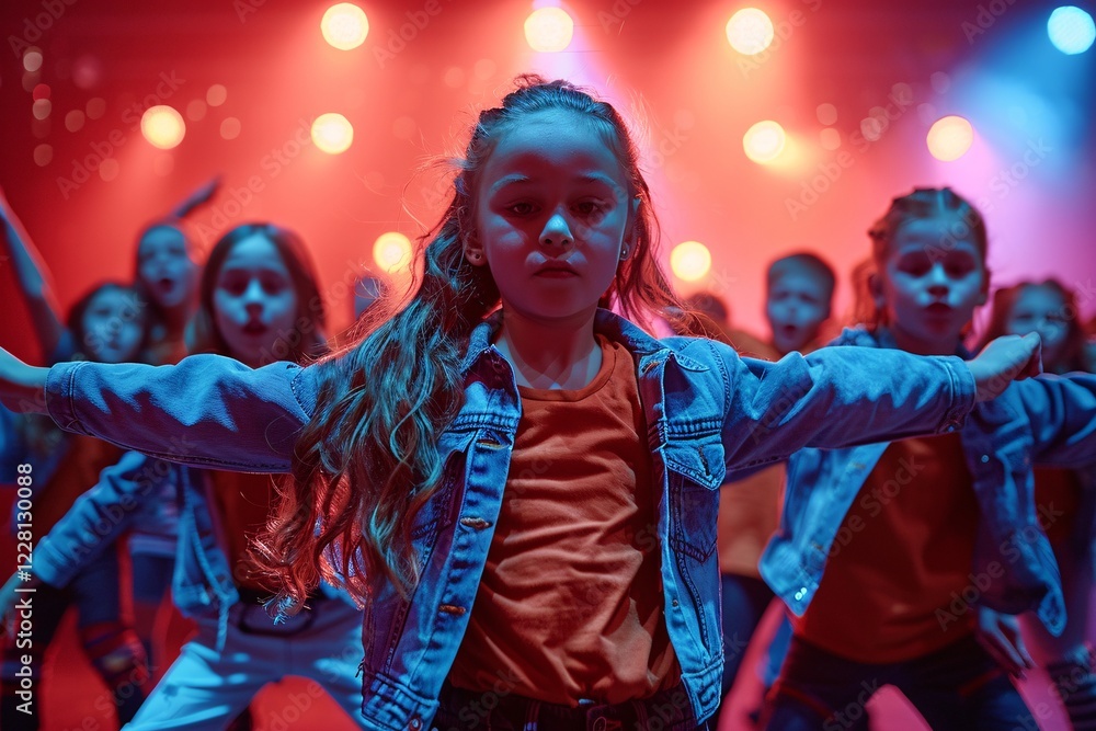 Fototapeta premium A group of young dancers showcases their skills in vibrant lighting. The focus is on a girl confidently leading the performance, surrounded by her peers, all dressed in casual dance attire