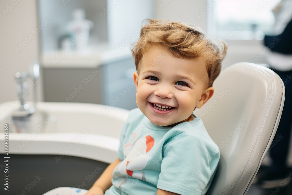 Smiling toddler sitting in dentist chair during his first dental visit Smiling toddler sitting in dentist chair during his first dental visit