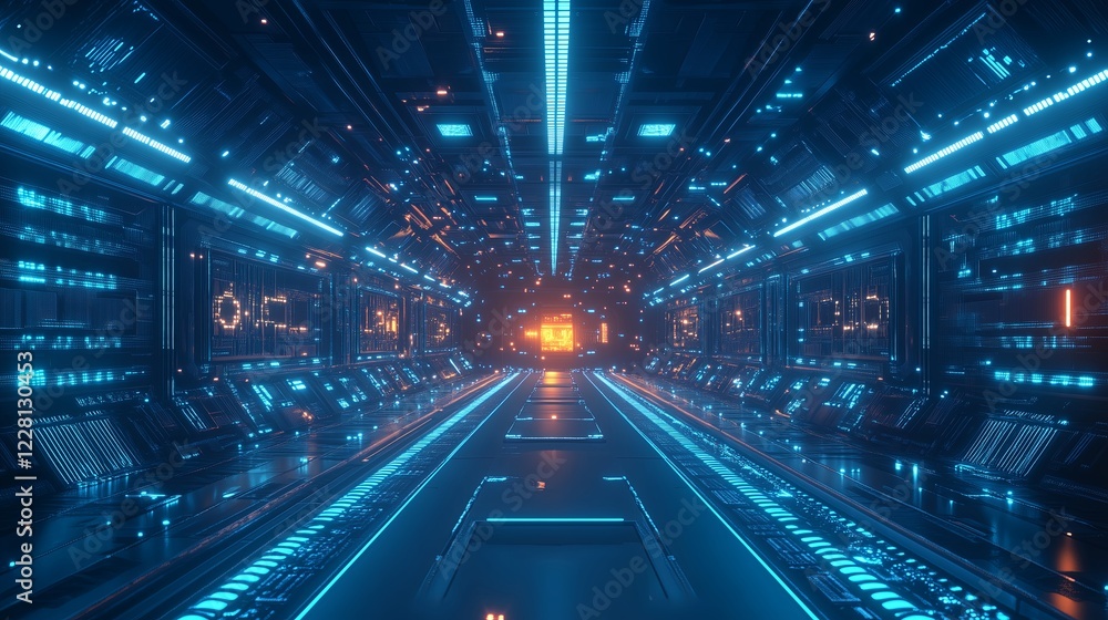 Futuristic Digital Circuit Board with Neon Blue Lights Futuristic Digital Circuit Board with Neon Blue Lights