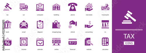 Tax filled icon set featuring calculation, finance, audit, invoice, deduction, payment, compliance, and accounting symbols for business and financial projects.
