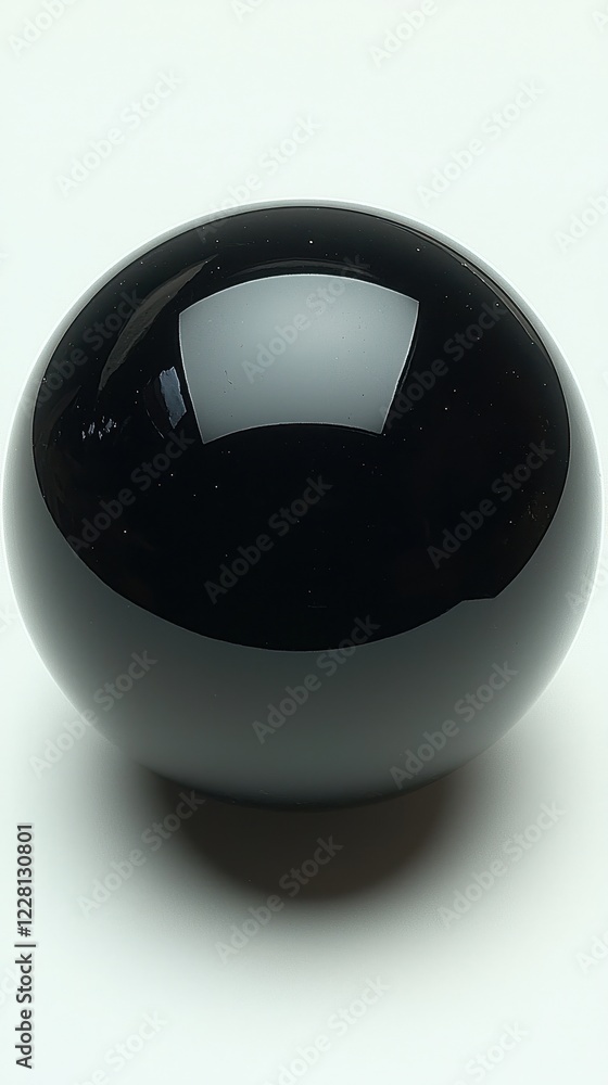 A smooth, reflective black sphere resting on a light surface. A smooth, reflective black sphere resting on a light surface.