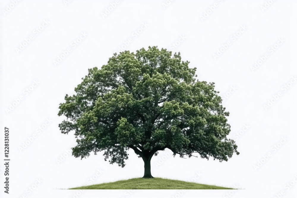Obraz premium Lush green oak tree standing on a small grassy hill with its branches reaching towards the sky against a clean white background, conveying a sense of peace, tranquility, and natural beauty