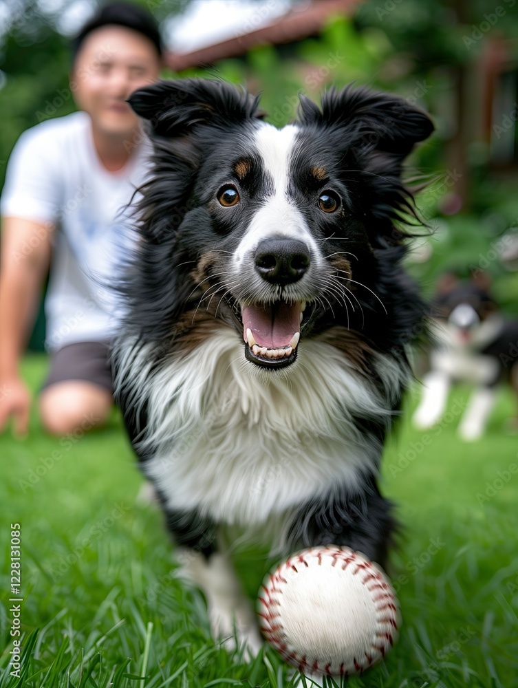 Fototapeta premium Happy dog playing ball with the owner in green grass background