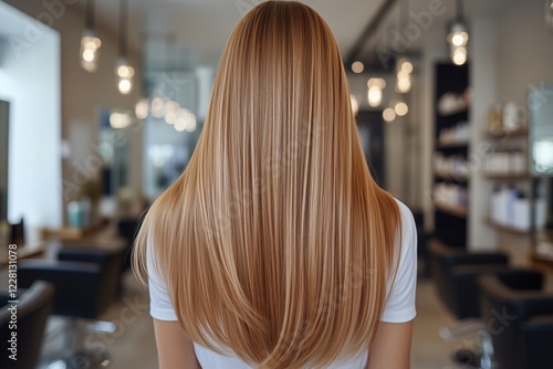 Hairdresser presenting the stunning results of a keratin straightening treatment on long, luxurious blonde hair, highlighting smoothness and shine in a modern salon environment