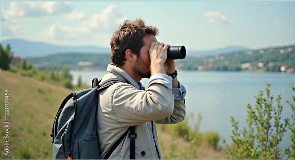 Obraz premium Birdwatcher using binoculars to observe nature by the lake with mountains in the background