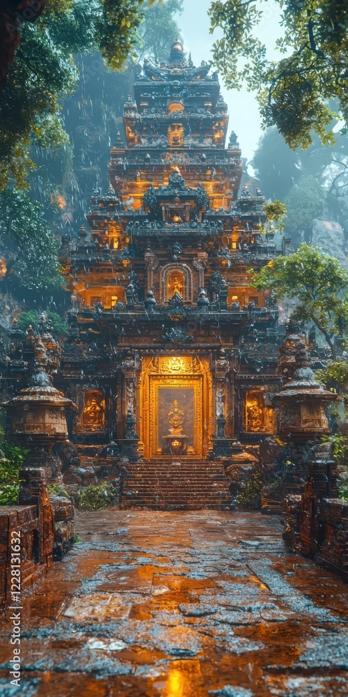 Obraz premium Majestic ancient temple surrounded by lush greenery and rain, evoking tranquility and mystery in a captivating, atmospheric setting.