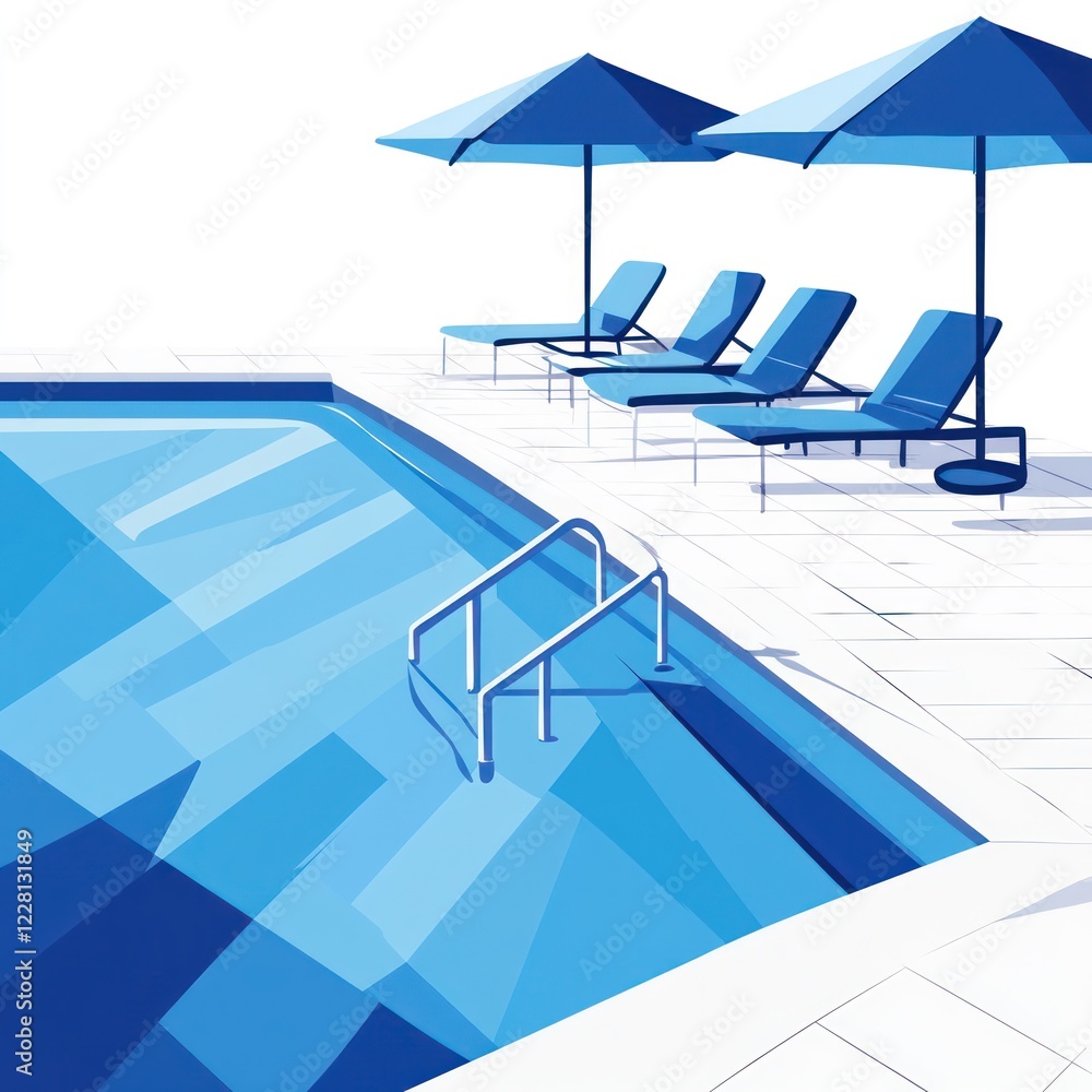 Fototapeta premium Poolside Relaxation Lounge chairs, umbrellas, tranquil pool