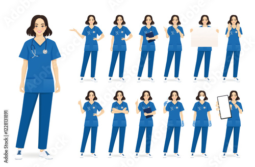 Female nurse character standing in different poses. Isolated vector illustration set