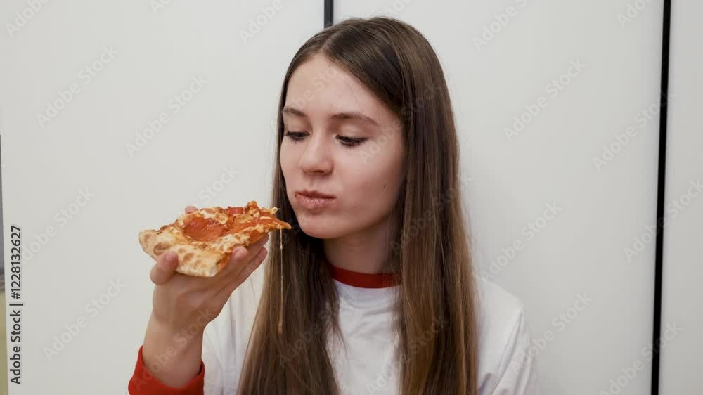 Caucasian teenaged young woman eats a slice of pizza at home in her pajamas. Caucasian teenaged young woman eats a slice of pizza at home in her pajamas.
