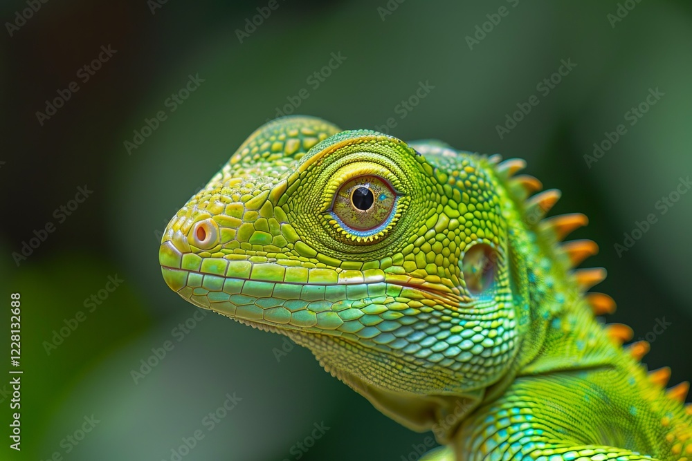 Obraz premium Close up of a vibrant green iguana in a lush tropical forest setting, highlighting its intricate scales and captivating gaze