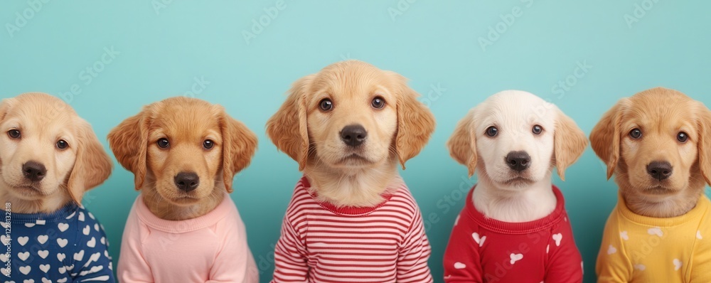 Obraz premium National puppy day with adorable and care idea. Five cute puppies in colorful sweaters against a blue background.