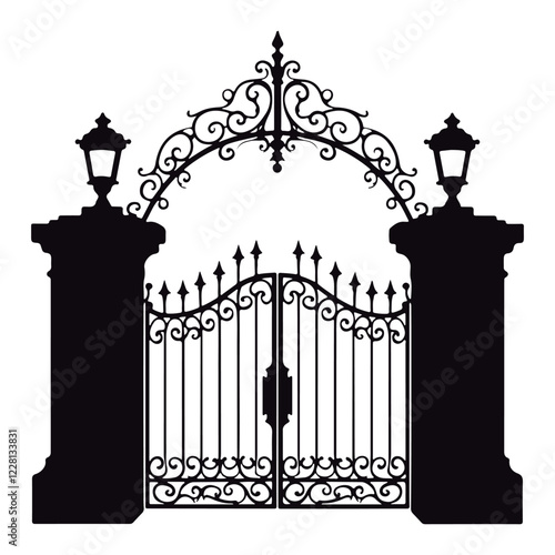 The black silhouette of the wrought iron gate is attractive and ornamental. Vector silhouette of decorative ornamental iron
