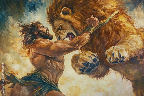 Hercules and the Nemean Lion, Generative AI photo